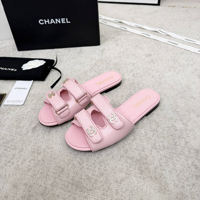 CHANEL 26S DOUBLE STRAP SLIDE SANDALS IN PINK CALFSKIN