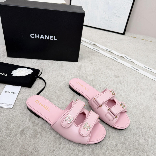 CHANEL 26S DOUBLE STRAP SLIDE SANDALS IN PINK CALFSKIN