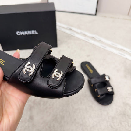 CHANEL 26S DOUBLE STRAP SLIDE SANDALS IN BLACK CALFSKIN