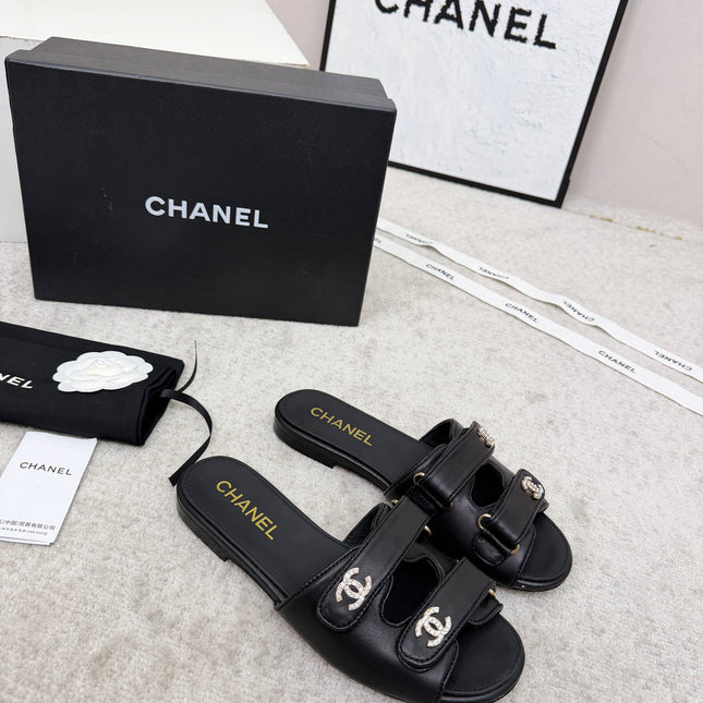 CHANEL 26S DOUBLE STRAP SLIDE SANDALS IN BLACK CALFSKIN