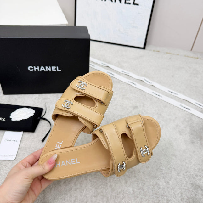 CHANEL 26S DOUBLE STRAP SLIDE SANDALS IN BEIGE CALFSKIN