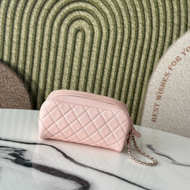 CHANEL 26S CLASSIC QUILTED COSMETIC POUCH 18 IN LIGHT PINK GRAINED CALFSKIN GOLD HARDWARE