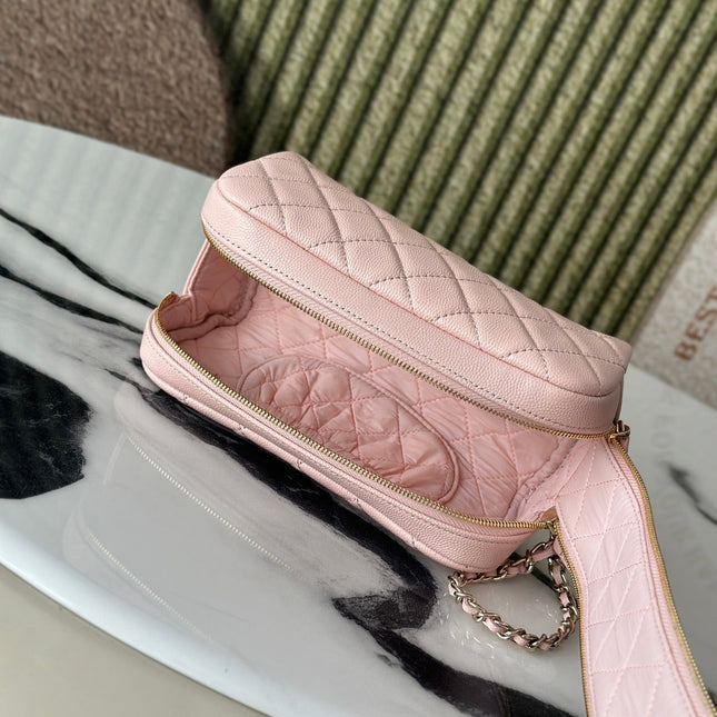 CHANEL 26S CLASSIC QUILTED COSMETIC POUCH 18 IN LIGHT PINK GRAINED CALFSKIN GOLD HARDWARE