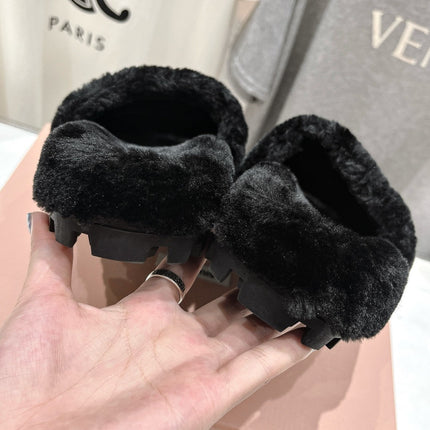 MIUMIU 26S FLAT SLIDES IN BLACK SHEARLING