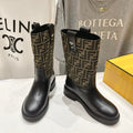 FENDI 25S ANKLE BOOTS IN BLACK COWHIDE AND BROWN CANVAS LOGO EMBOSSING