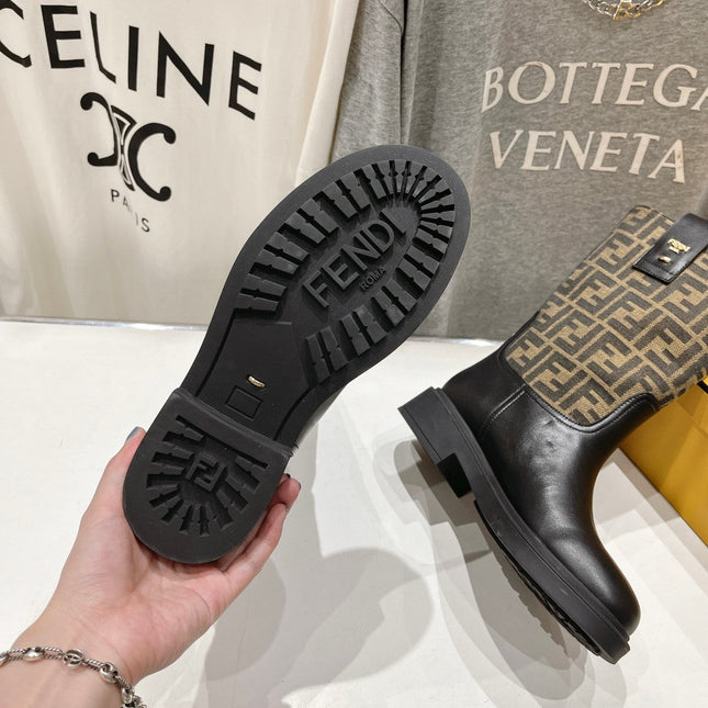 FENDI 25S ANKLE BOOTS IN BLACK COWHIDE AND BROWN CANVAS LOGO EMBOSSING