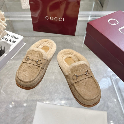 GUCCI 26S MULES IN BEIGE SUEDE GG LOGO PATTERN