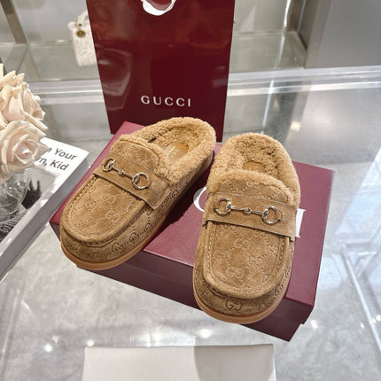 GUCCI 26S MULES IN CAMEL BROWN SUEDE GG LOGO PATTERN