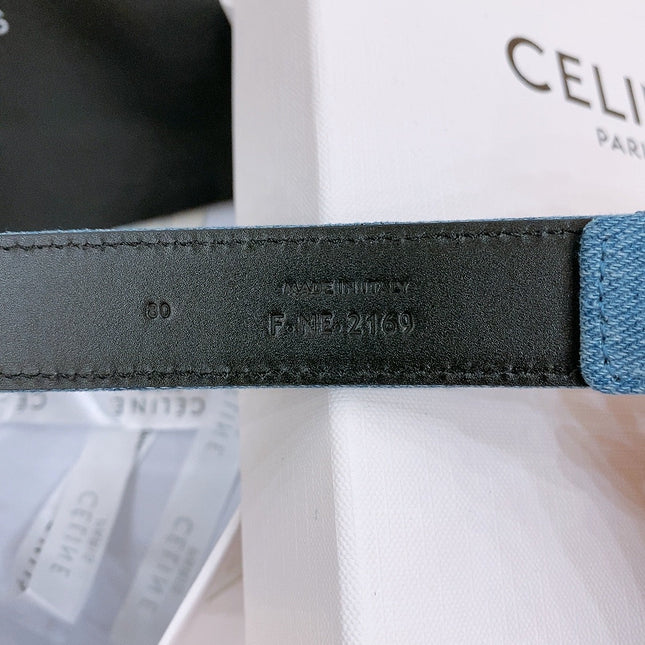 CELINE 25S BELT TRIOMPHE TAURILLON 25MM IN BLACK CALFSKIN AND DENIM 558343
