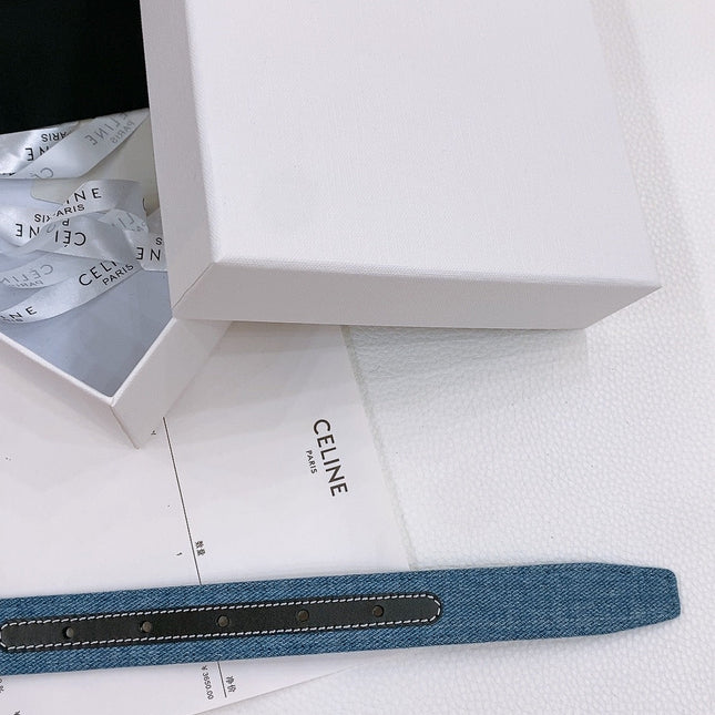CELINE 25S BELT TRIOMPHE TAURILLON 25MM IN BLACK CALFSKIN AND DENIM 558342