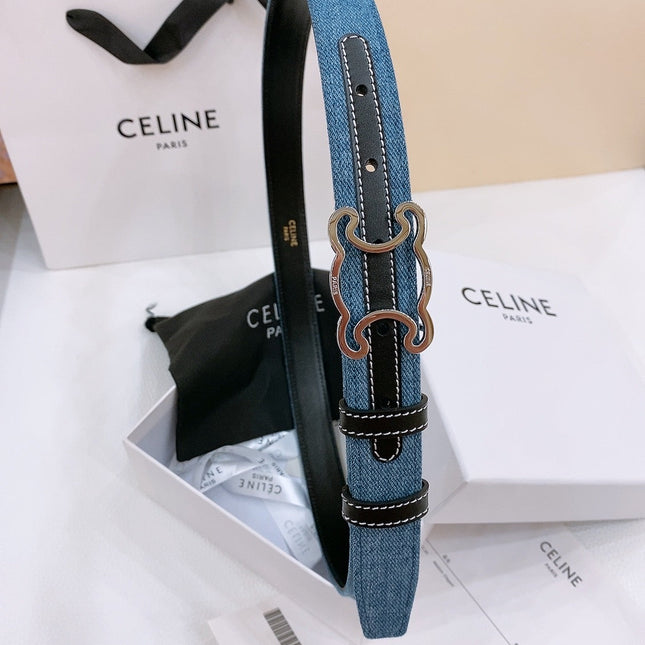 CELINE 25S BELT TRIOMPHE TAURILLON 25MM IN BLACK CALFSKIN AND DENIM 558342