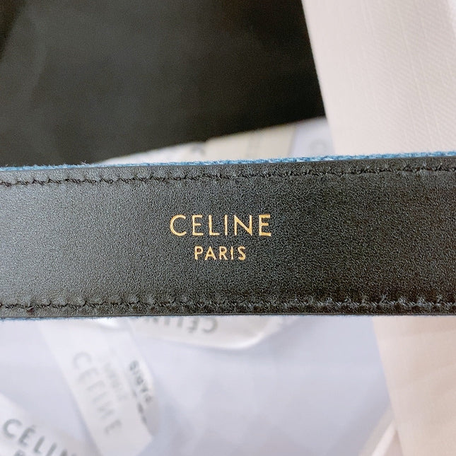 CELINE 25S BELT TRIOMPHE TAURILLON 25MM IN BLACK CALFSKIN AND DENIM 558344