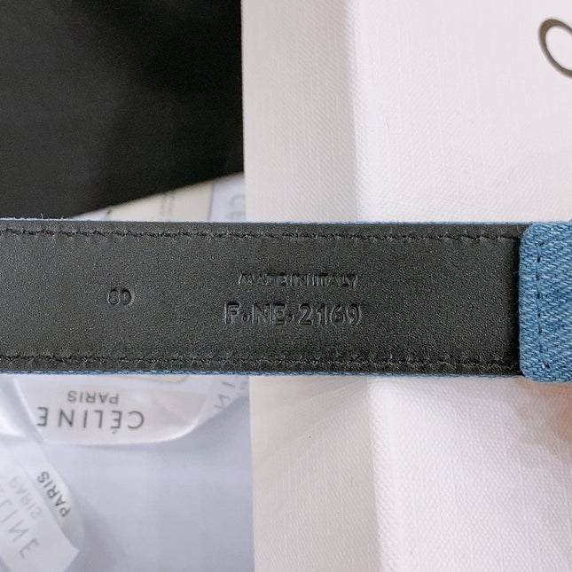 CELINE 25S BELT TRIOMPHE TAURILLON 25MM IN BLACK CALFSKIN AND DENIM 558345