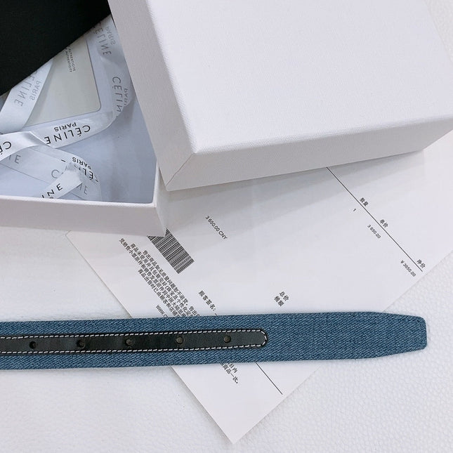 CELINE 25S BELT TRIOMPHE TAURILLON 25MM IN BLACK CALFSKIN AND DENIM 558348
