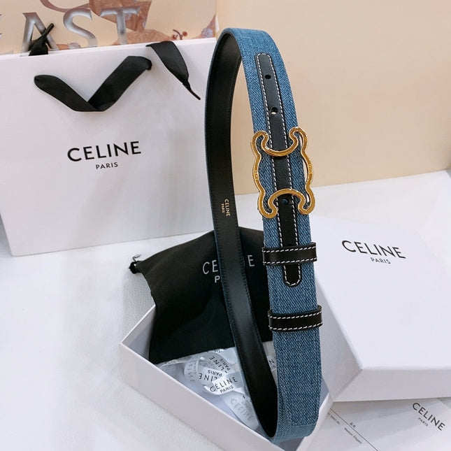 CELINE 25S BELT TRIOMPHE TAURILLON 25MM IN BLACK CALFSKIN AND DENIM 558348