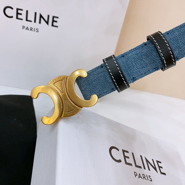 CELINE 25S BELT TRIOMPHE TAURILLON 25MM IN BLACK CALFSKIN AND DENIM 558349