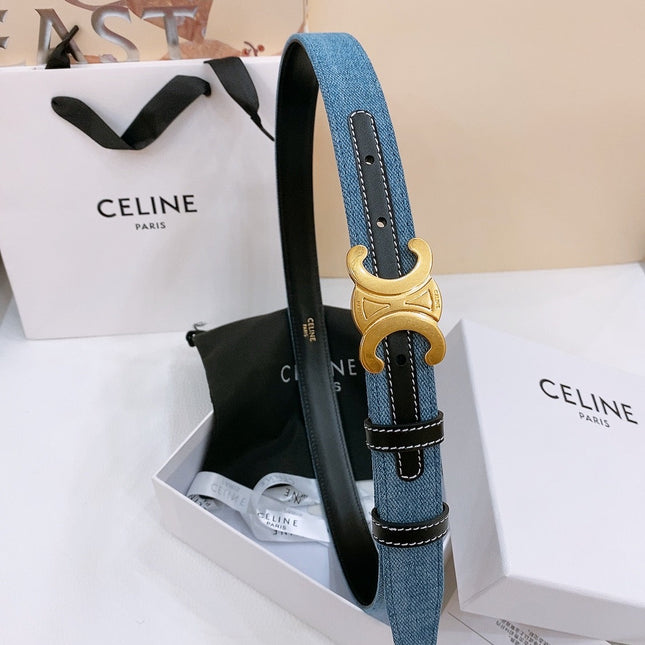 CELINE 25S BELT TRIOMPHE TAURILLON 25MM IN BLACK CALFSKIN AND DENIM 558349