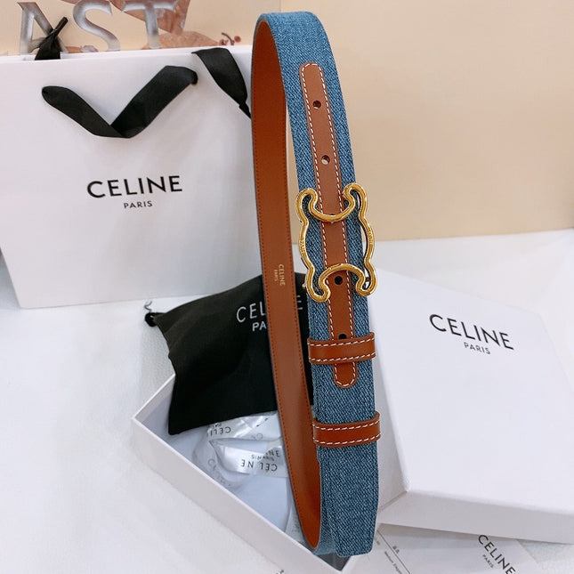 CELINE 25S BELT TRIOMPHE TAURILLON 25MM IN BROWN CALFSKIN AND DENIM 558351