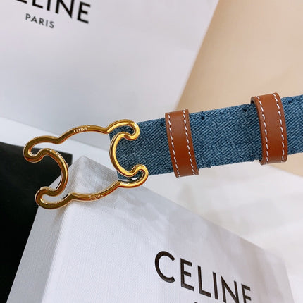 CELINE 25S BELT TRIOMPHE TAURILLON 25MM IN BROWN CALFSKIN AND DENIM 558351