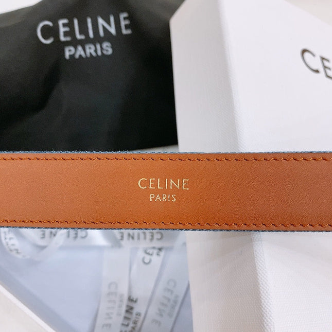 CELINE 25S BELT TRIOMPHE TAURILLON 25MM IN BROWN CALFSKIN AND DENIM 558351