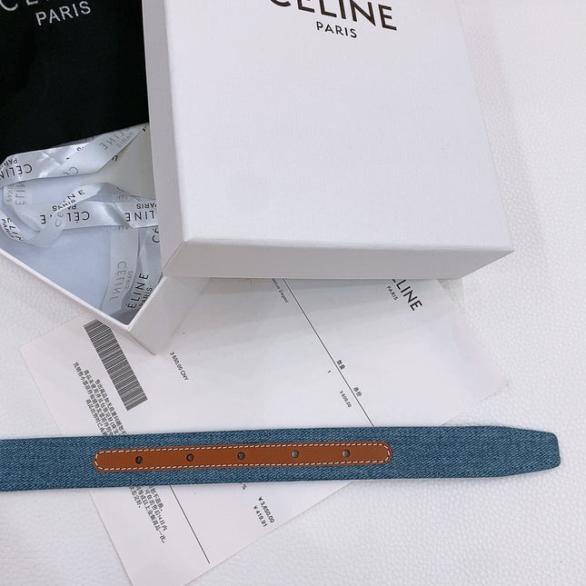 CELINE 25S BELT TRIOMPHE TAURILLON 25MM IN BROWN CALFSKIN AND DENIM 558351