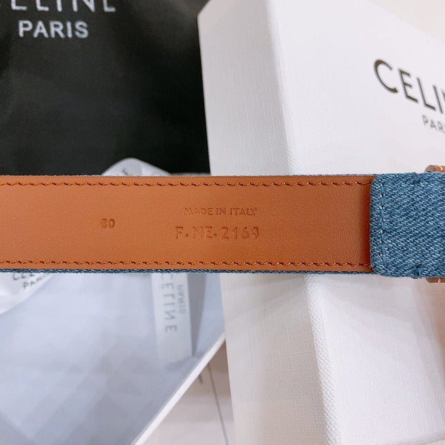 CELINE 25S BELT TRIOMPHE TAURILLON 25MM IN BROWN CALFSKIN AND DENIM 558352