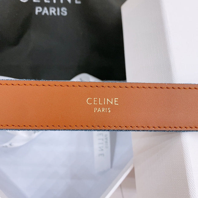 CELINE 25S BELT TRIOMPHE TAURILLON 25MM IN BROWN CALFSKIN AND DENIM 558352
