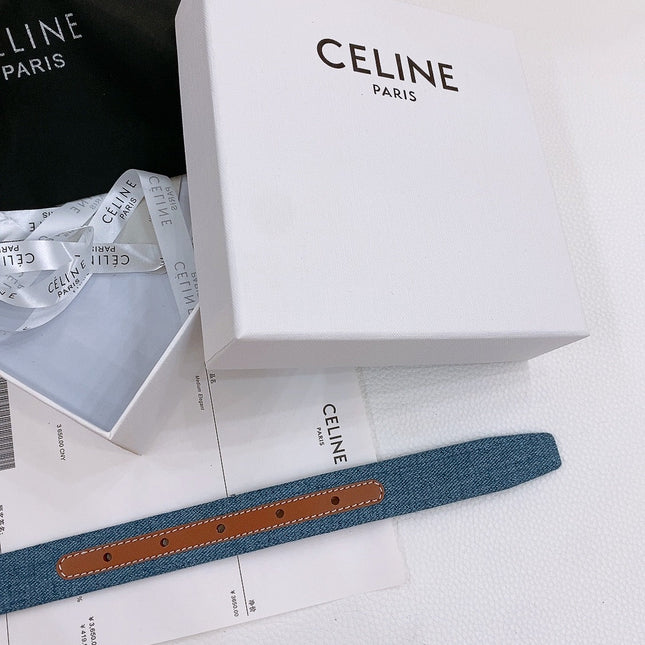 CELINE 25S BELT TRIOMPHE TAURILLON 25MM IN BROWN CALFSKIN AND DENIM 558352