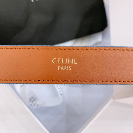 CELINE 25S BELT TRIOMPHE TAURILLON 25MM IN BROWN CALFSKIN AND DENIM 558353