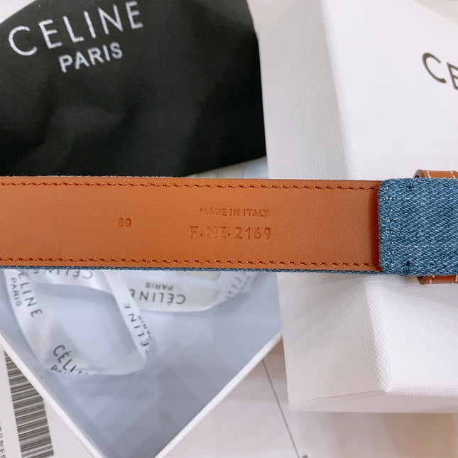 CELINE 25S BELT TRIOMPHE TAURILLON 25MM IN BROWN CALFSKIN AND DENIM 558354