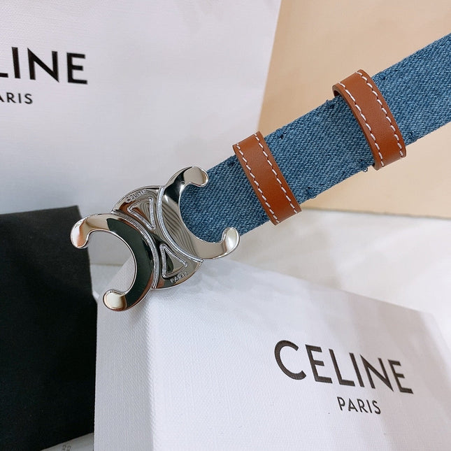 CELINE 25S BELT TRIOMPHE TAURILLON 25MM IN BROWN CALFSKIN AND DENIM 558354