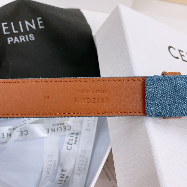 CELINE 25S BELT TRIOMPHE TAURILLON 25MM IN BROWN CALFSKIN AND DENIM 558355