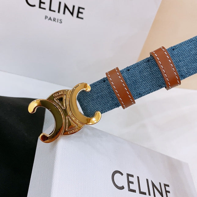 CELINE 25S BELT TRIOMPHE TAURILLON 25MM IN BROWN CALFSKIN AND DENIM 558356