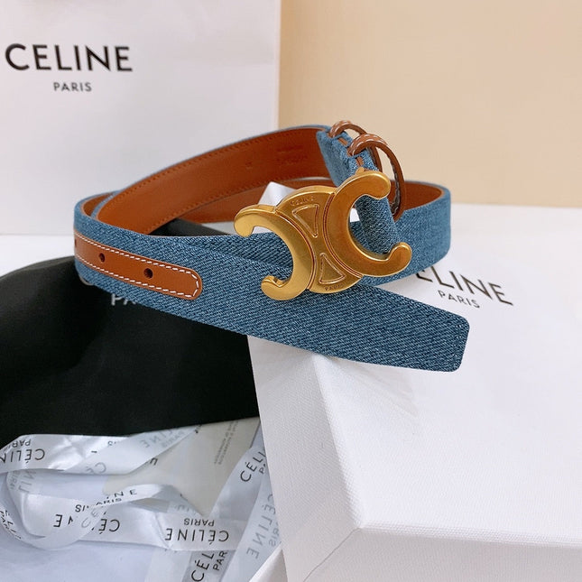 CELINE 25S BELT TRIOMPHE TAURILLON 25MM IN BROWN CALFSKIN AND DENIM 558357