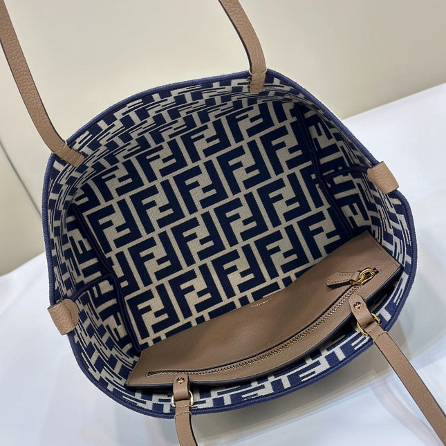 FENDI ROLL 22 TOTE BAG IN MIDNIGHT BLUE MIX WHITE CANVAS