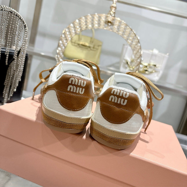MIUMIU 26S LACE UP SNEAKERS IN BROWN SUEDE WHITE FABRIC CHARM DETAIL