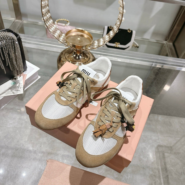 MIUMIU 26S LACE UP SNEAKERS IN BEIGE SUEDE WHITE FABRIC CHARM DETAIL
