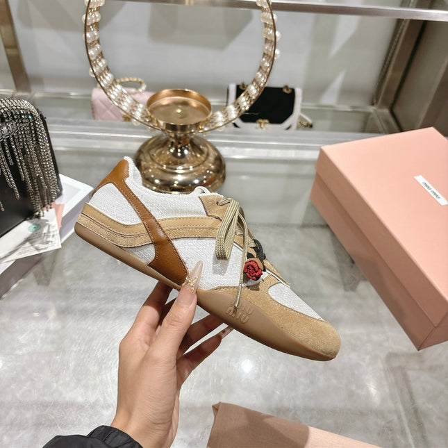 MIUMIU 26S LACE UP SNEAKERS IN BEIGE SUEDE WHITE FABRIC CHARM DETAIL