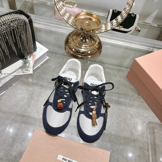 MIUMIU 26S LACE UP SNEAKERS IN NAVY BLUE SUEDE WHITE FABRIC CHARM DETAIL