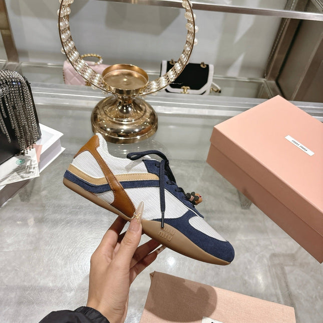 MIUMIU 26S LACE UP SNEAKERS IN NAVY BLUE SUEDE WHITE FABRIC CHARM DETAIL
