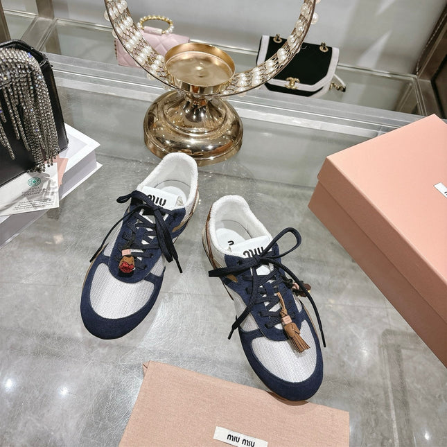 MIUMIU 26S LACE UP SNEAKERS IN NAVY BLUE SUEDE WHITE FABRIC CHARM DETAIL