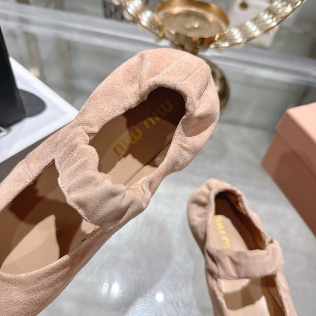 MIUMIU 26S MARY JANE FLATS IN LIGHT PINK SUEDE ELASTIC STRAP