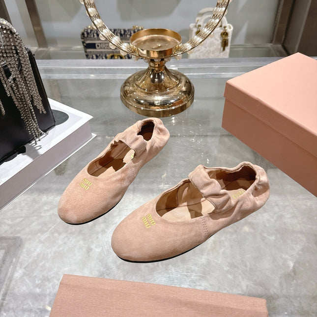 MIUMIU 26S MARY JANE FLATS IN LIGHT PINK SUEDE ELASTIC STRAP