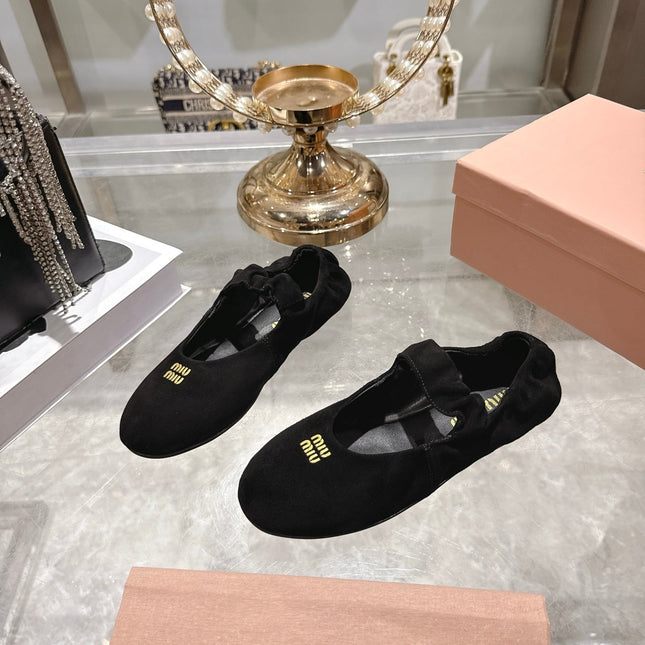MIUMIU 26S MARY JANE FLATS IN BLACK SUEDE ELASTIC STRAP