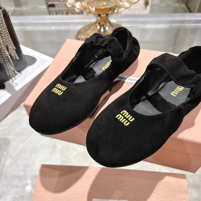 MIUMIU 26S MARY JANE FLATS IN BLACK SUEDE ELASTIC STRAP