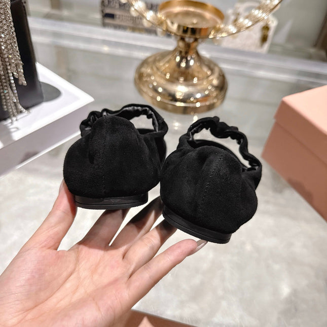 MIUMIU 26S MARY JANE FLATS IN BLACK SUEDE ELASTIC STRAP