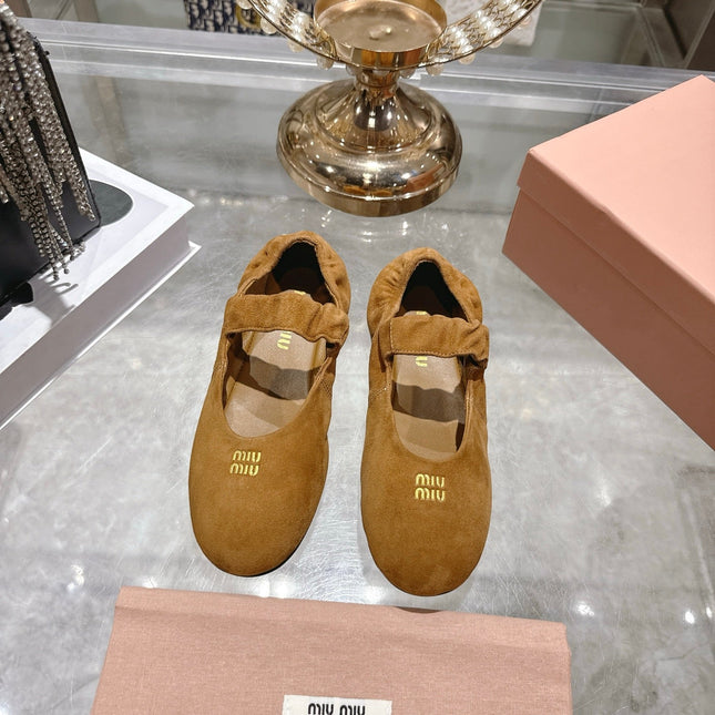 MIUMIU 26S MARY JANE FLATS IN BROWN SUEDE ELASTIC STRAP