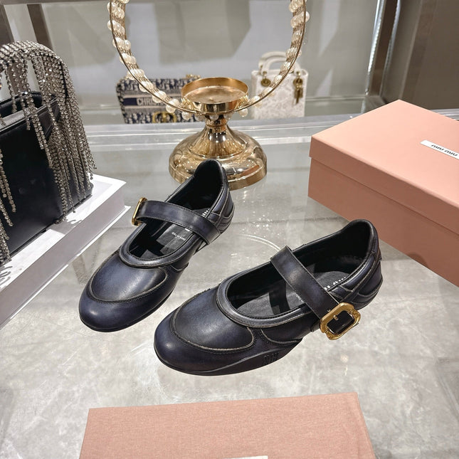 MIUMIU 26S MARY JANE FLATS IN BLACK CALFSKIN GOLD BUCKLE