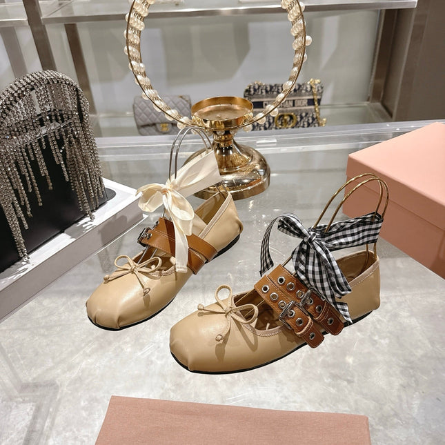 MIUMIU 26S SLINGBACK BALLET FLATS IN BEIGE CALFSKIN AND BROWN STRAP RIBBON