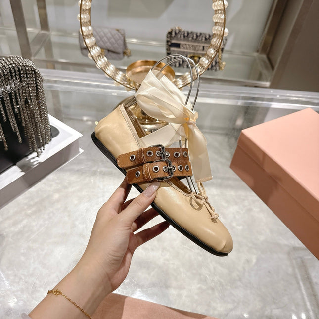 MIUMIU 26S SLINGBACK BALLET FLATS IN BEIGE CALFSKIN AND BROWN STRAP RIBBON